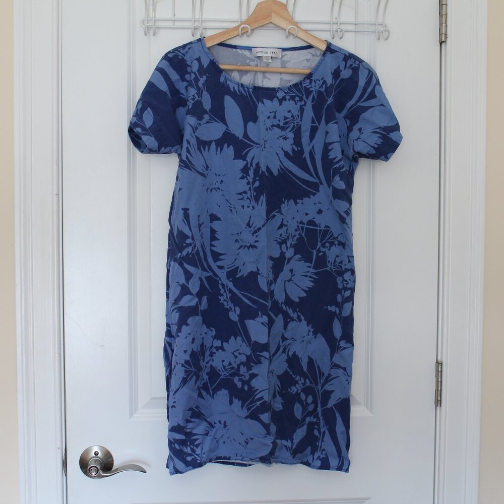 Amour Vert blue floral Tencel shift dress XS extra small short sleeve